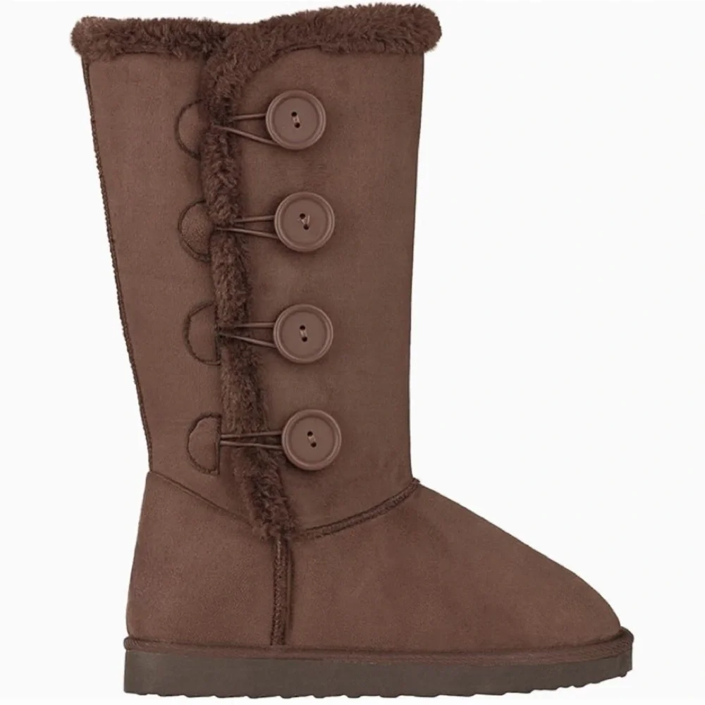 Winter Snow Cozy Brown Button-Up Girls Boots